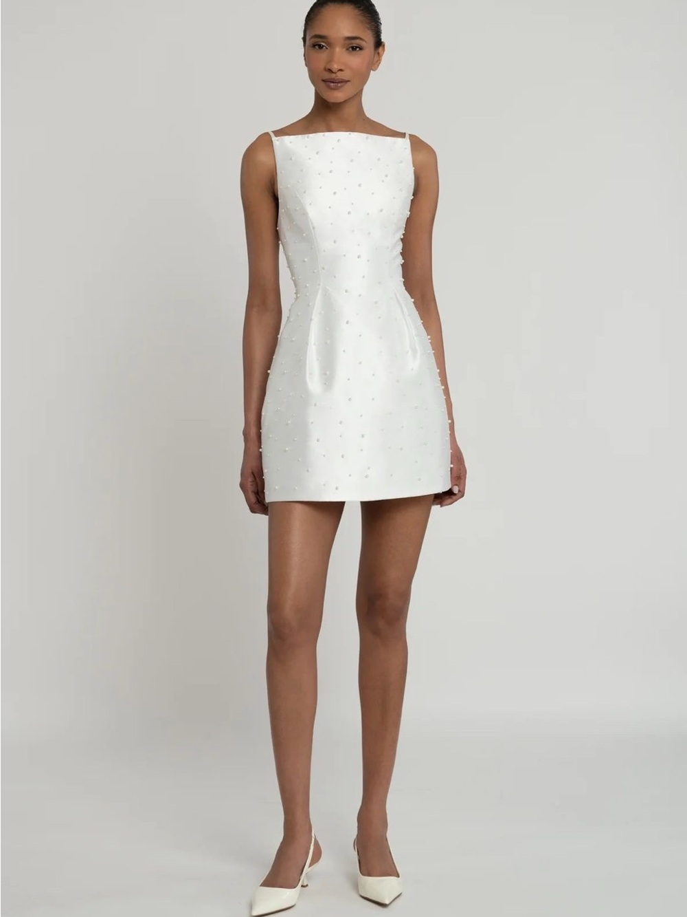 Jenny Yoo White Beaded Boatneck Mini Dress